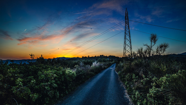 Sunset road powerlines trees mountain free wallpaper - medium preview image