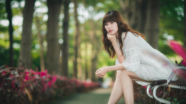 Woman park bench flowers bokeh free wallpaper - medium preview image