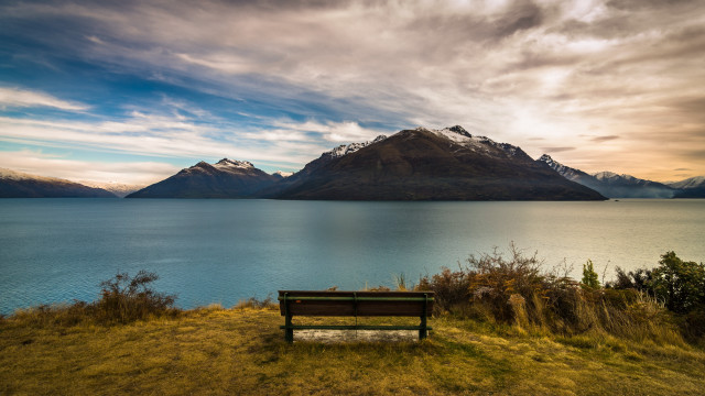 Hillside bench lake mountains cloudy free wallpaper - medium preview image