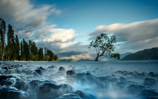 River tree mountains reflection sky free wallpaper - medium preview image