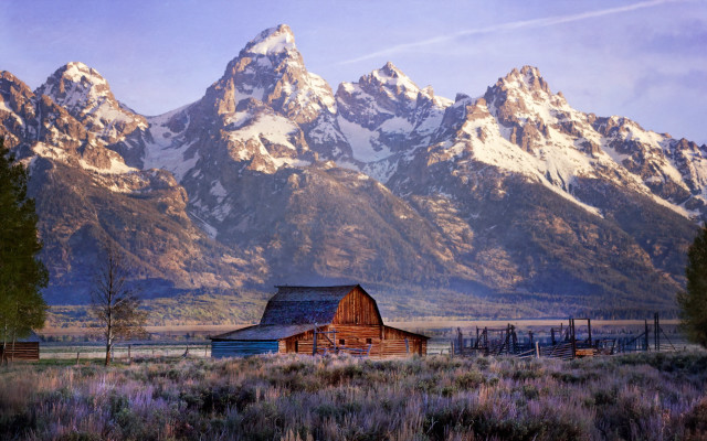 Barn field mountains clouds blue free wallpaper - medium preview image