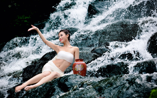Woman bikini waterfall firehydrant figurative free wallpaper - medium preview image