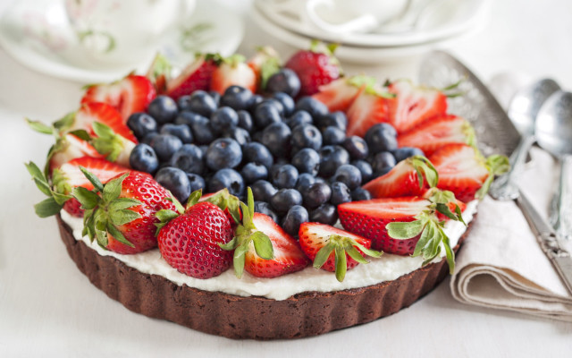 Birthday cake strawberries blueberries tea free wallpaper - medium preview image