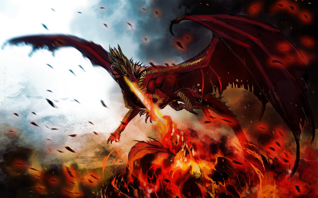 Red dragon flying fire flames free wallpaper - medium preview image