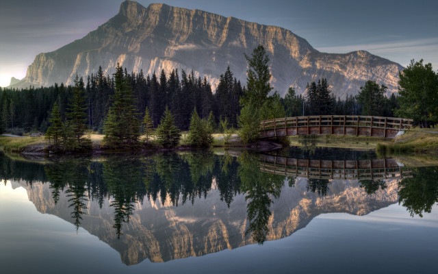Lake mountain forest bridge sky free wallpaper - medium preview image