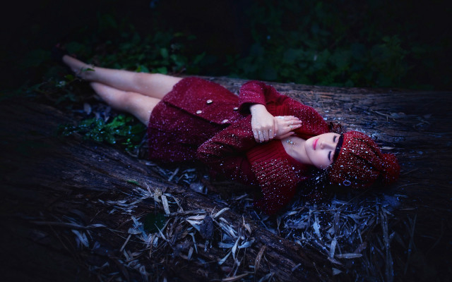 Woman red dress boots fireflies free wallpaper - medium preview image