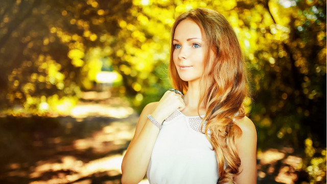 Red haired woman forest autumn free wallpaper - medium preview image