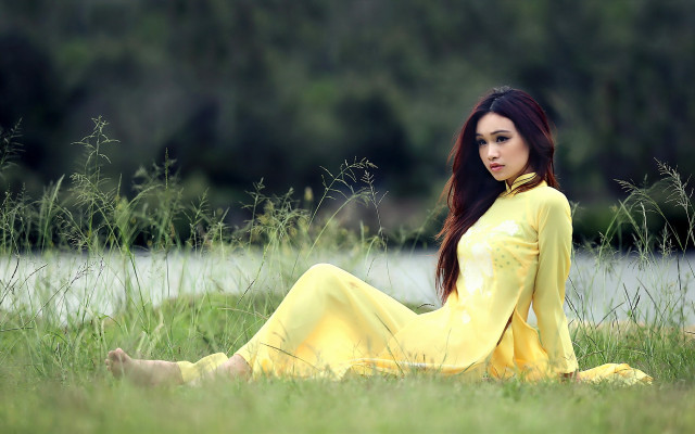 Woman yellow dress field smiling free wallpaper - medium preview image