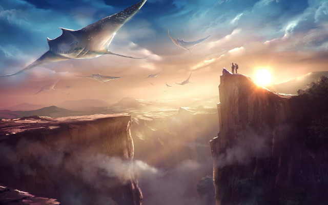Cliff dinosaur sky woman matte free wallpaper - medium preview image