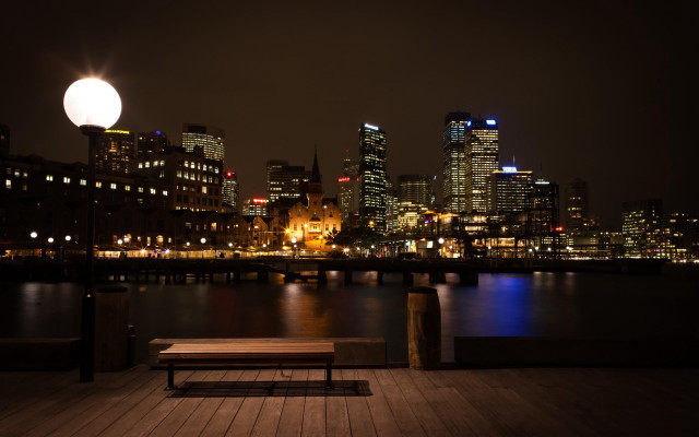 Cityscape night moon reflection woodenbench free wallpaper - medium preview image