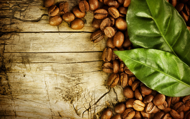 Wooden table coffee beans leaf free wallpaper - medium preview image