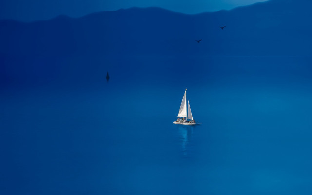 Sailboat water birds mountains blue free wallpaper - medium preview image