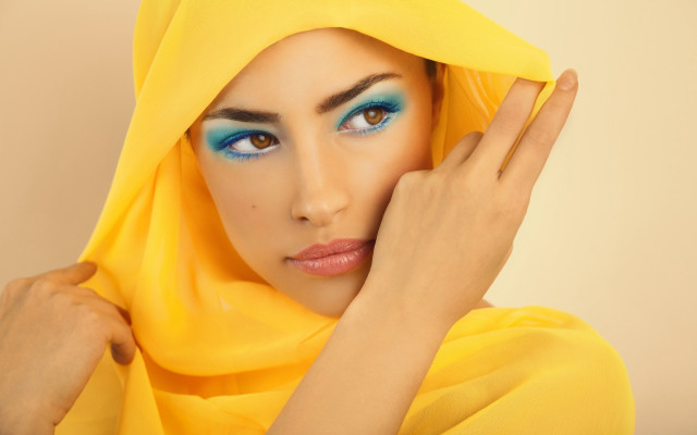 Woman blueeyes yellowheadscarf photorealistic art free wallpaper - medium preview image