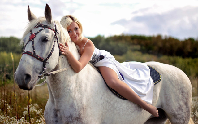 Woman sitting white horse flower free wallpaper - medium preview image