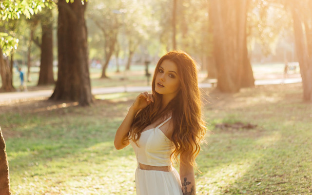 Red haired woman park white free wallpaper - medium preview image