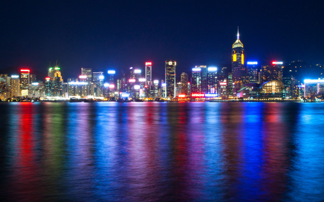 City skyline night reflections boat #4 free wallpaper - medium preview image