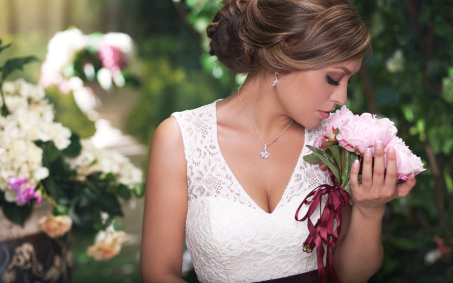 Woman white dress flower bokeh free wallpaper - medium preview image