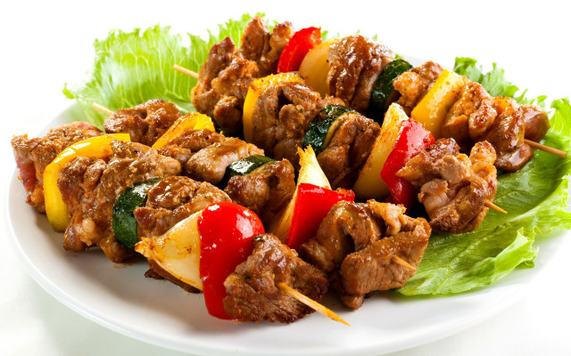 Meat vegetables skewers lettuce food free wallpaper - medium preview image