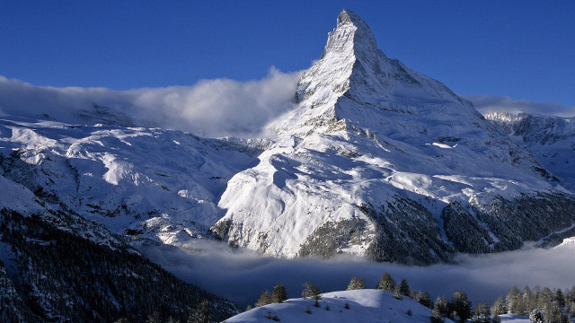 Snowy mountain clouds trees blue free wallpaper for desktop - medium preview image