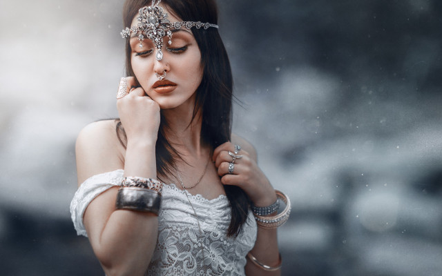 Woman white dress silver jewelry free wallpaper - medium preview image