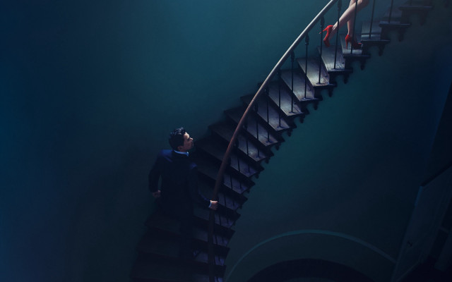 Man spiral staircase highheels woman free wallpaper - medium preview image