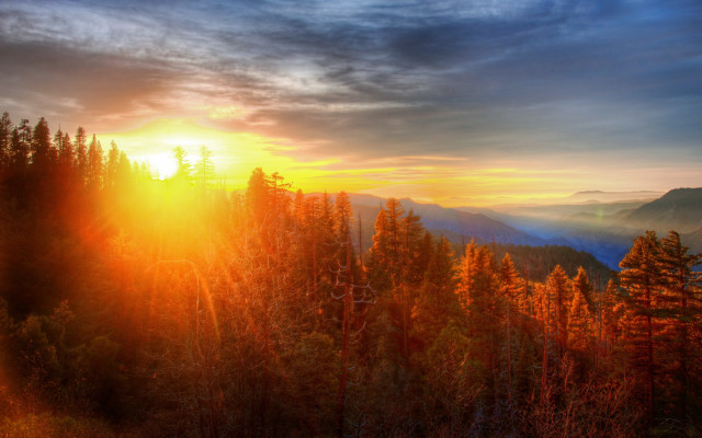 Sunset forest mountain clouds sunshine free wallpaper - medium preview image