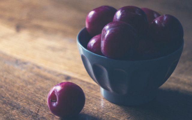 Bowl plums wooden table sunset #2 free wallpaper - medium preview image