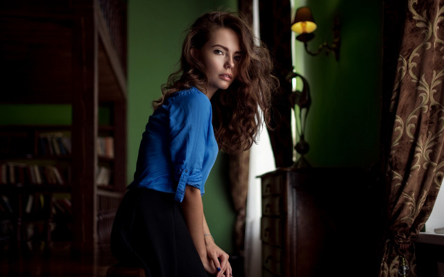 Woman blue shirt bookcase window free wallpaper - medium preview image