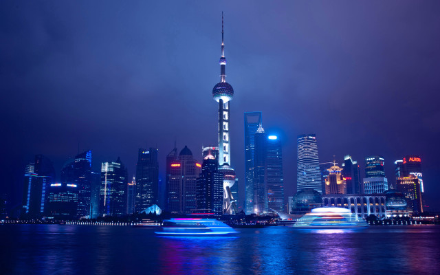 Cyberpunk city skyline boat reflection free wallpaper - medium preview image