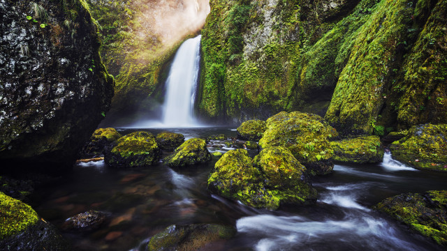 Waterfall forest mossyrocks flowingwater trees free wallpaper - medium preview image