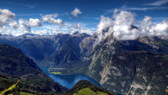 Valley lake mountains clouds city free wallpaper - medium preview image