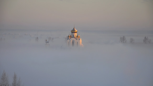 Church foggy field trees sky free wallpaper - medium preview image