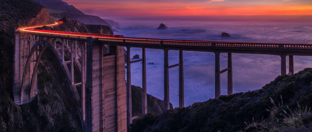 Long bridge sunset ocean mountains free wallpaper - medium preview image