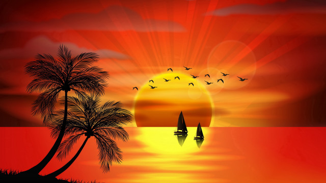Sunset sailboat palm trees horizon free wallpaper - medium preview image