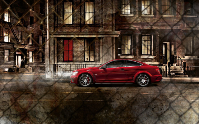 Red car building fence brick free wallpaper - medium preview image