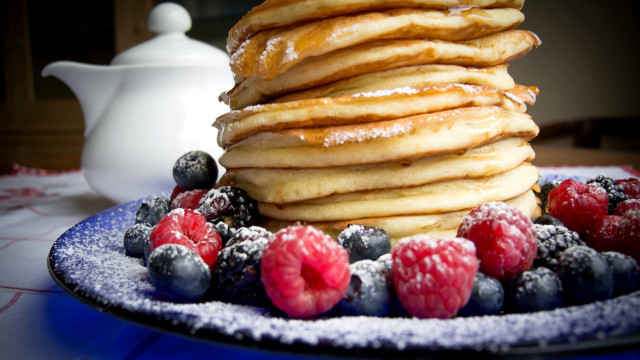 Pancakes berries powdered sugar teapot free wallpaper - medium preview image
