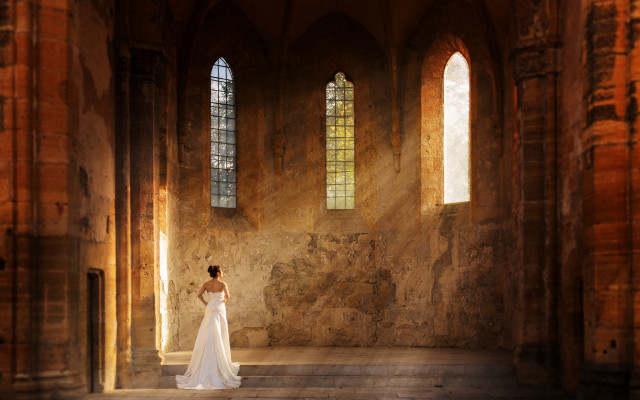 Woman white dress stone building free wallpaper - medium preview image