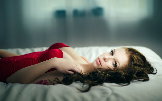 Woman red dress blowing hair free wallpaper - medium preview image