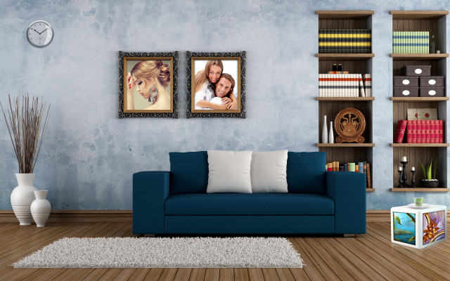 Blue couch livingroom clock woodenfloor free wallpaper - medium preview image
