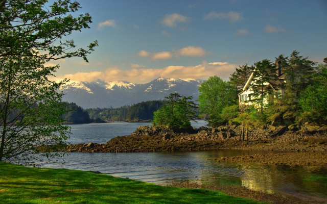 Shorehouse mountains water tree arts free wallpaper - medium preview image
