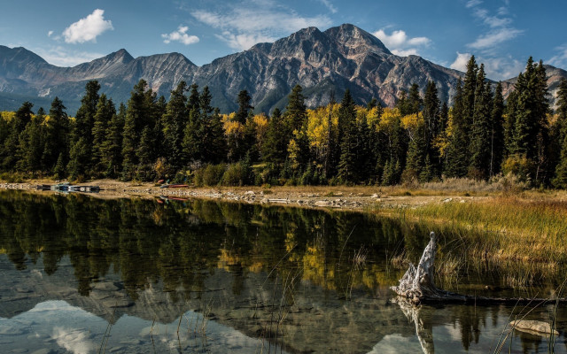 Lake mountains trees clouds boat free wallpaper - medium preview image