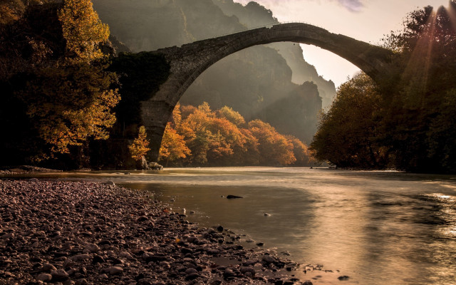 Stone bridge river mountain autumn free wallpaper - medium preview image