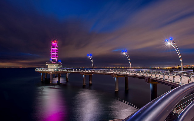 Long bridge lit tower night free wallpaper - medium preview image