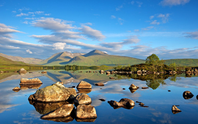 Lake rocks mountains blue sky free wallpaper - medium preview image