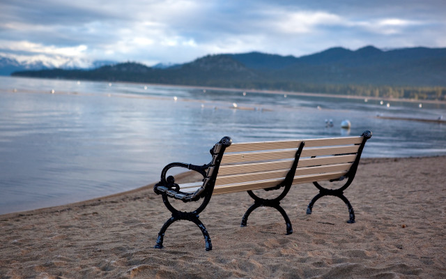 Bench beach ocean mountains sky free wallpaper - medium preview image