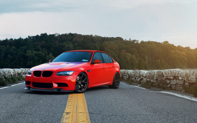 Red car stone wall trees free wallpaper - medium preview image