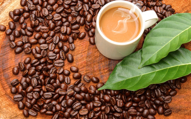 Coffee beans leaf wooden table free wallpaper - medium preview image