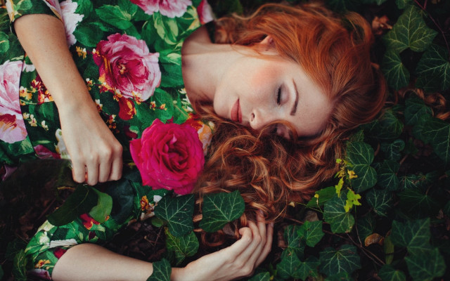 Woman flower bed dreamlike photorealistic free wallpaper - medium preview image