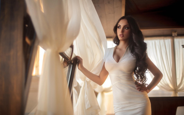 Woman white dress window curtains #2 free wallpaper - medium preview image