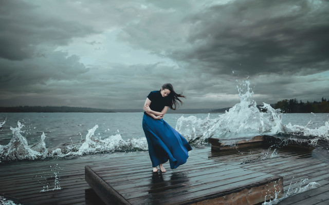 Woman dock stormy waterfront surreal free wallpaper - medium preview image